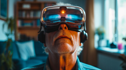 A elderly man wearing virtual reality glasses sitting indoor.