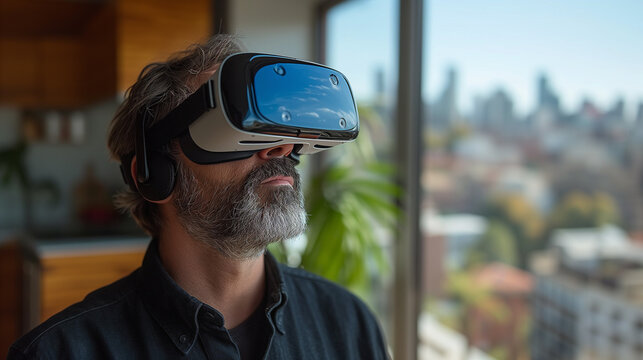 A man wearing virtual reality glasses standing in a modern apartment.