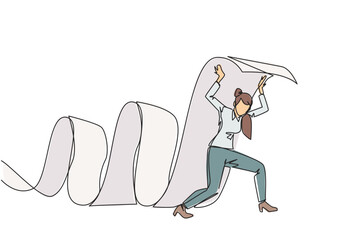 Continuous one line drawing businesswoman held long roll of billing paper with shoulders. Bear and keep paying amount of bills so business continues to run. Single line draw design vector illustration