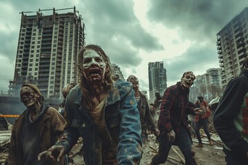 Zombies walking on the city streets - obrazy, fototapety, plakaty