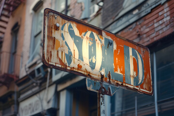 Verkauft und Vergessen: Heruntergekommenes Schild mit der Aufschrift 'SOLD' verströmt nostalgische Authentizität und erzählt Geschichten vergangener Zeiten. - obrazy, fototapety, plakaty