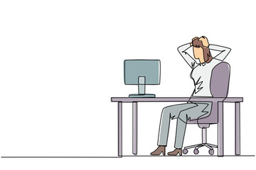 Single continuous line drawing of stressful businesswoman sitting in work chair is holding her head with both hands. In front of monitor face the reality of many unpaid bills. One line design vector