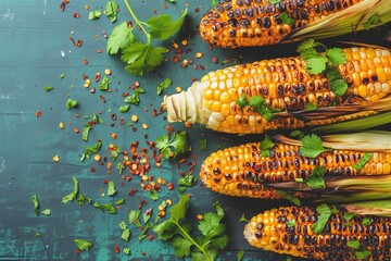 An enticing medley of plump corn cobs, infused with a burst of flavorful spices and herbs, beckons from a rustic outdoor setting - obrazy, fototapety, plakaty