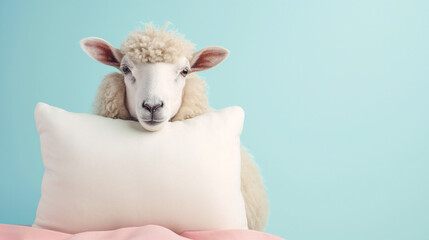 Cute sheep, holding a soft white pillow, just after sleep, Bright Pastel Colors. World Sleep Day....