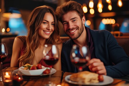 A couple enjoys a romantic dinner at a cozy restaurant, smiling over candlelight as they sip wine and savor their meal
