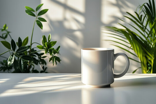 Mug mockup, minimalistic space aesthetic, shpes. Background. Wallpaper. Coffe cup.