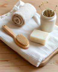 Fototapeta na wymiar Natural Personal Care Essentials on Towel and Wood