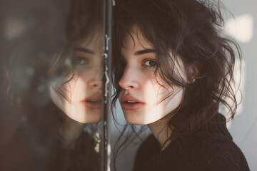 Young Brunette Woman in Dark Clothing Portrait with Ethereal Reflection