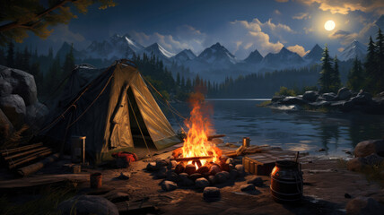 Camping tent and bonfire by river at night, campfire in dark forest on mountains background. Fire burns near expedition gear. Theme of nature, travel, escape, landscape, adventure