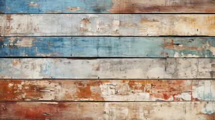 Old wood planks texture background, vintage worn color painted boards. Rough grungy wooden wall, dirty multicolored surface. Theme of design, grunge, colorful pattern