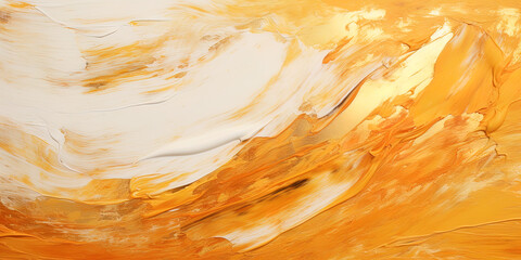 Golden oil paint background, texture of rough paintbrush strokes on white canvas, abstract pattern...
