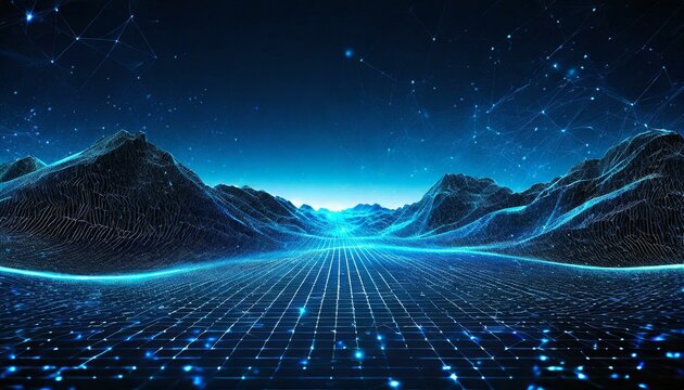 Abstract digital landscape with particles dots and stars on horizon