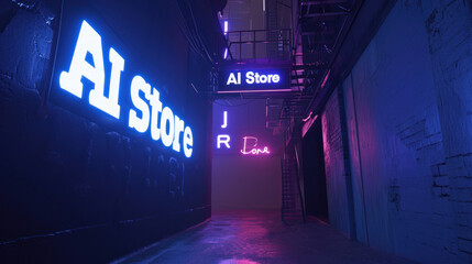 Dark lane in cyberpunk city at night, neon sign AI Store in empty grungy alley in purple and blue lighting. Concept of dystopia, shopping, technology, background and future