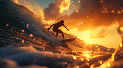 Surfer on sea wave at sunset, silhouette of young man on sunny sky background, view of person and...
