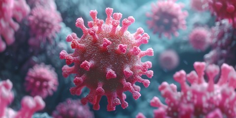Microscopic Menace: A Highly Detailed 3D Rendering of Infectious Virus Particles in Vivid Colors, Representing Biological Research and Health Challenges, Generative AI