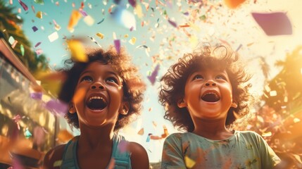 Cheerful ethnic child with curly hair, running around in the confetti, paper confetti at camera on sunny day. Happy holidays. - obrazy, fototapety, plakaty