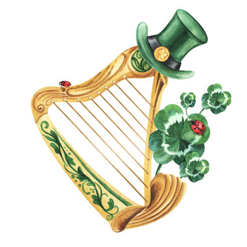 St Patrick's Day Harp composition with lucky objects: leprechaun hat , shamrock. Watercolor clipart.