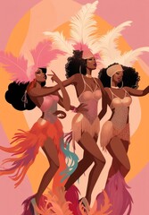 Brazilian Carnival. Group of friends celebrating carnival party, samba dance and music festival, Rio de Janeiro carnival, national holiday poster