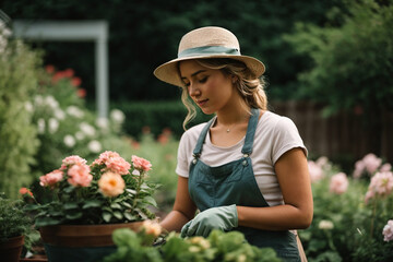 Portrait of a  girl against the background of a blooming garden and flowers.the gardener's girl works in the garden