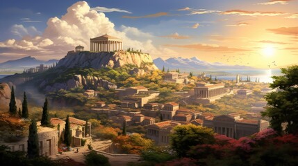 Generative AI image of ancient Greek scenery, Athens, crowded - obrazy, fototapety, plakaty