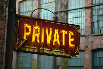 Privatsphäre im Verfall: Heruntergekommenes Schild mit der Aufschrift 'PRIVATE' vermittelt nostalgische Authentizität und erzählt Geschichten vergangener Zeiten. Ein Bild voller Geschichte - obrazy, fototapety, plakaty