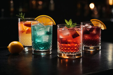Set of cocktails of different colors on a black background
