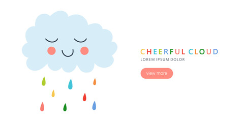 Vector cheerful cloud with colourful rain. Template with text and button.