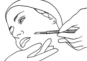 young looking woman receiving a dermaplaning treatment on her skin, body and face. The treatment is received in an aesthetic center with the hands of a professional, applying a scalpel to the epidermi - obrazy, fototapety, plakaty