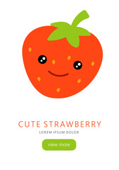 Vector template with cute strawberry. Vertical banner with text and button.