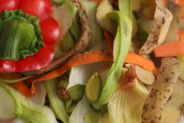 Peels of fresh vegetables on table, flat lay