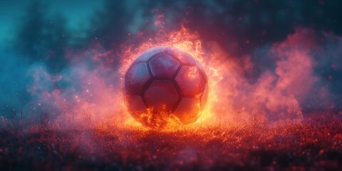 Naklejka premium Fiery Game: A Soccer Ball Engulfed in Flames, Capturing the Explosive Energy and Passion of the Sport on the Field, Generative AI