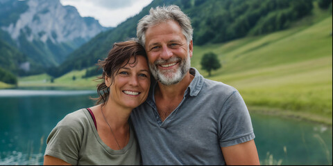 lovely beauty midaged couple in the nature, mountain and lake in europe