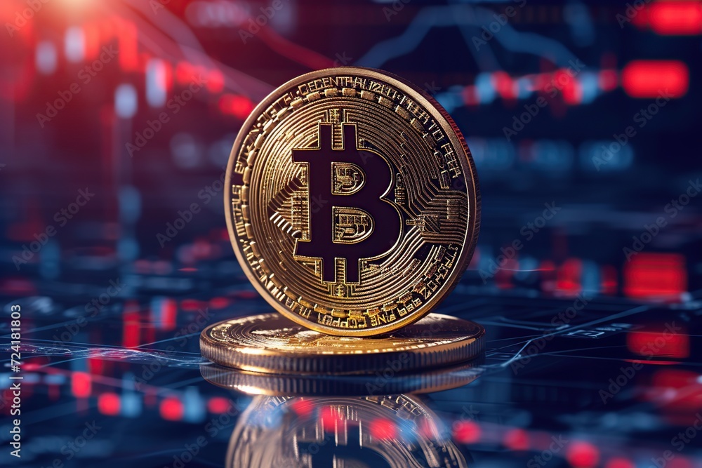 Poster bitcoin coins with graph chart on computer. virtual money concept.
