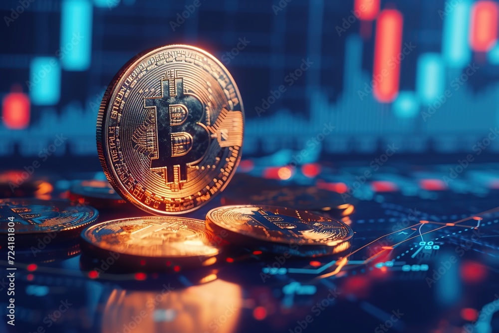 Poster bitcoin coins with graph chart on computer. virtual money concept.