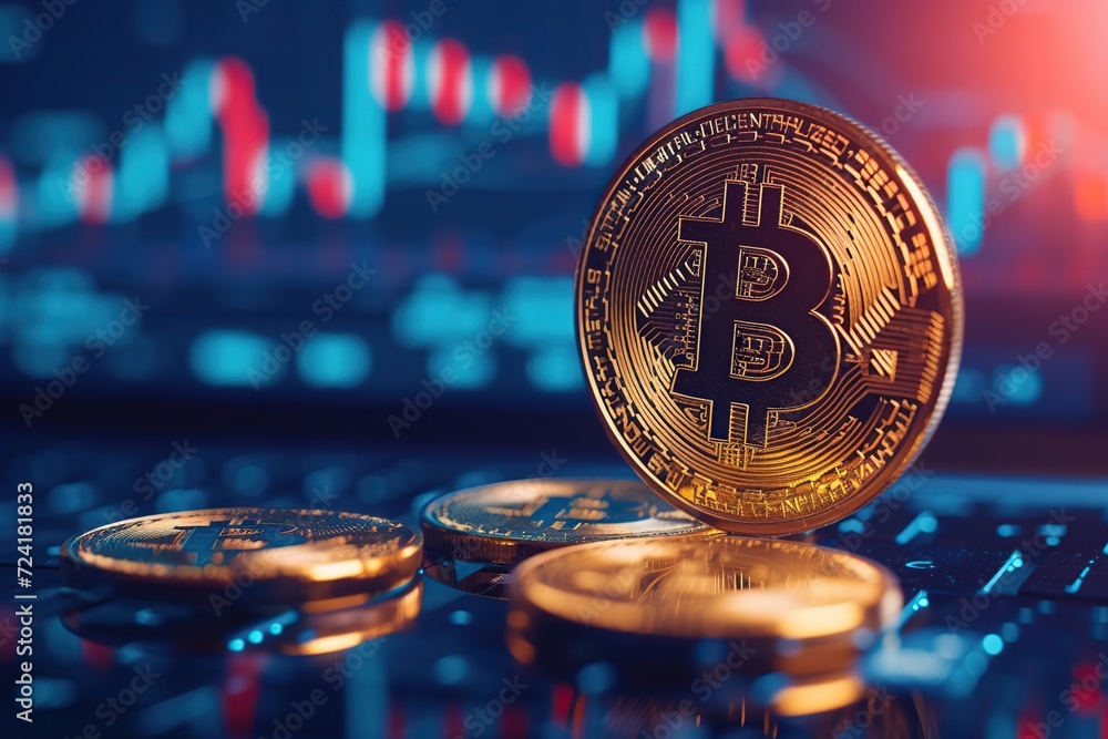 Poster bitcoin coins with graph chart on computer. virtual money concept.