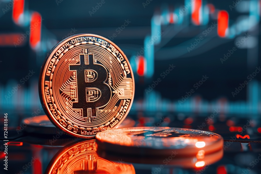 Poster bitcoin coins with graph chart on computer. virtual money concept.