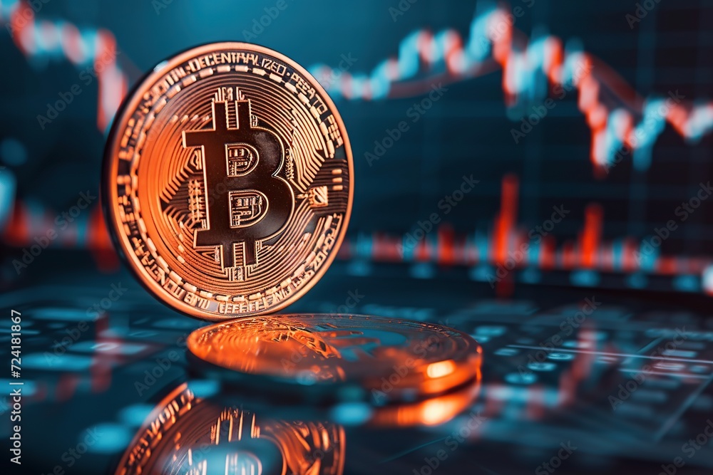 Poster bitcoin coins with graph chart on computer. virtual money concept.