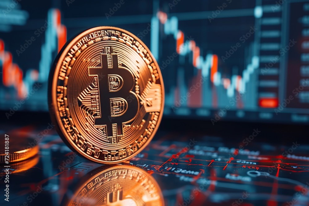 Poster bitcoin coin with graph chart on computer. virtual money concept.
