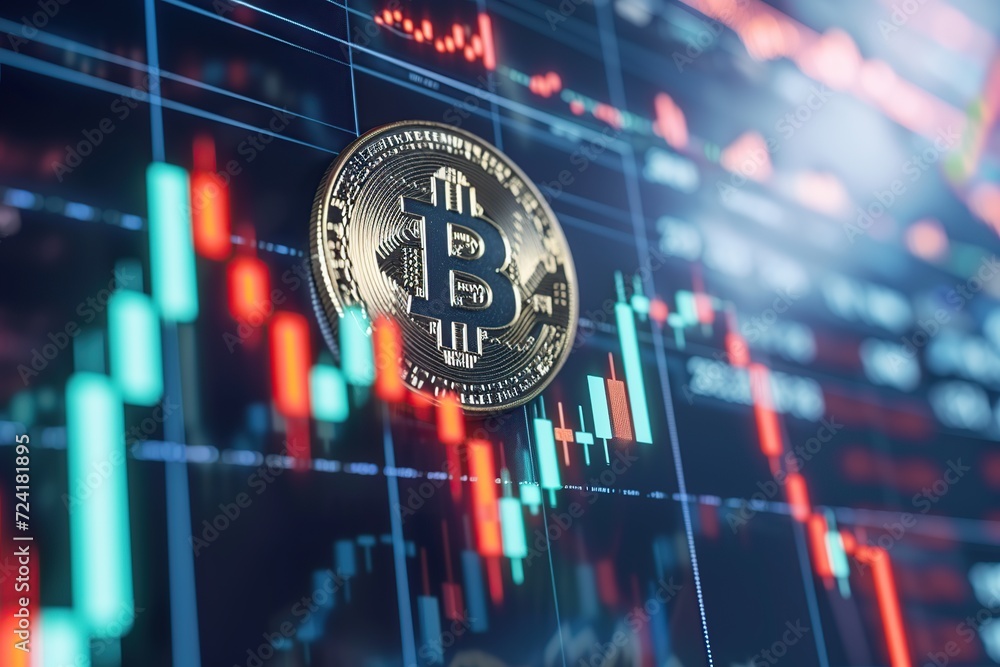 Poster bitcoin coin with graph chart on computer. virtual money concept.