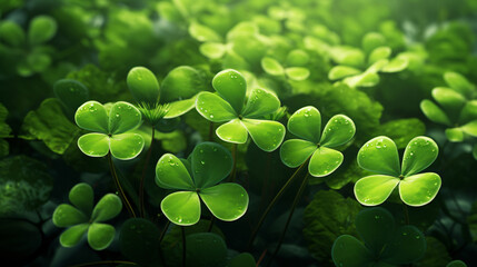 3D rendering image featuring lush green clovers. Generative AI