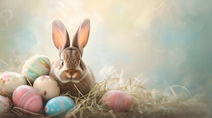 Fototapeta na wymiar Cute Easter bunny among delicate spring flowers and painted pastel Easter eggs, on a background in hazy and muted tones with space for text