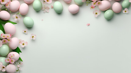 Delicate Easter background with eggs decorated in pastel pink colors with spring pink flowers on a muted light green background with copy space