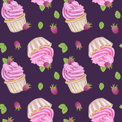 Seamless pattern cupcake pink sweet cream. Muffin, raspberry, mint. Food clipart. Valentine's Day. Hand drawn watercolor illustration on purple background. Backdrop wallpaper for textiles, packaging