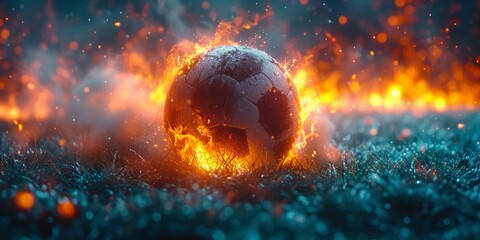 Obraz na płótnie Canvas Fiery Game: A Soccer Ball Engulfed in Flames, Capturing the Explosive Energy and Passion of the Sport on the Field, Generative AI
