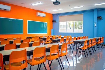 Fototapeta premium Empty new classroom with chairs and desks
