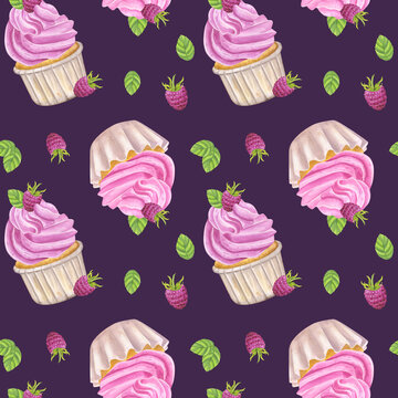 Seamless pattern cupcake pink sweet cream. Muffin, raspberry, mint. Food clipart. Valentine's Day. Hand drawn watercolor illustration on purple background. Backdrop wallpaper for textiles, packaging