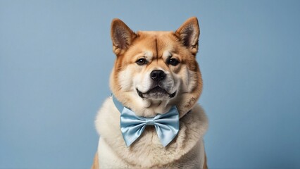 akita dog with a bow isolated on pastel blue background