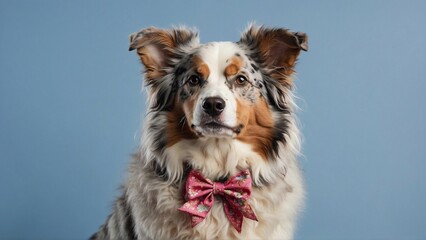 australian shepherd dog with a bow isolated on blue background, pets banner