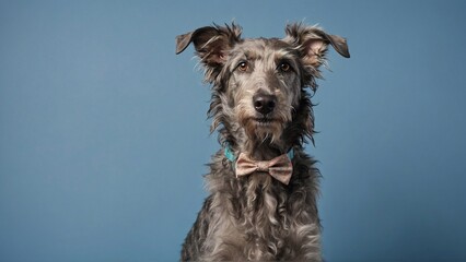 Deerhound dog with a bow isolated on pastel blue background, pet banner