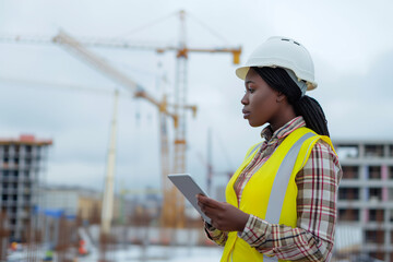 A side view of a black woman in construction using a tablet in a winter scene on the roof on construction site - obrazy, fototapety, plakaty